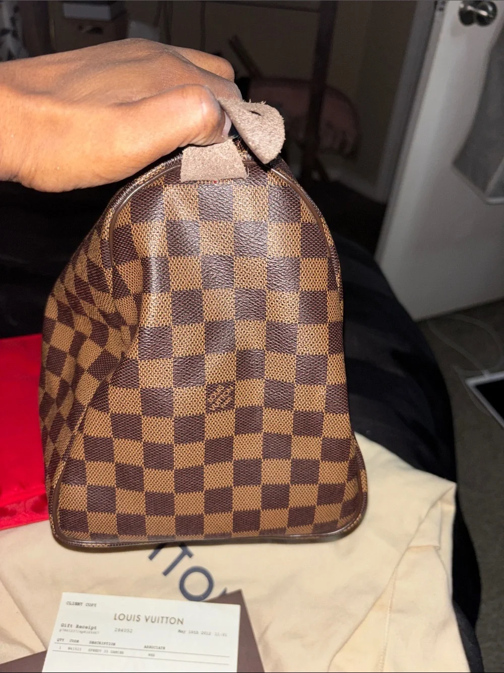 Louis Vuitton Damier Ebene Speedy 35 Satchel with Red Interior